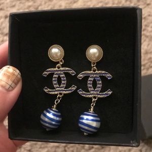 Chanel Faux Navy striped pearl Drop studs